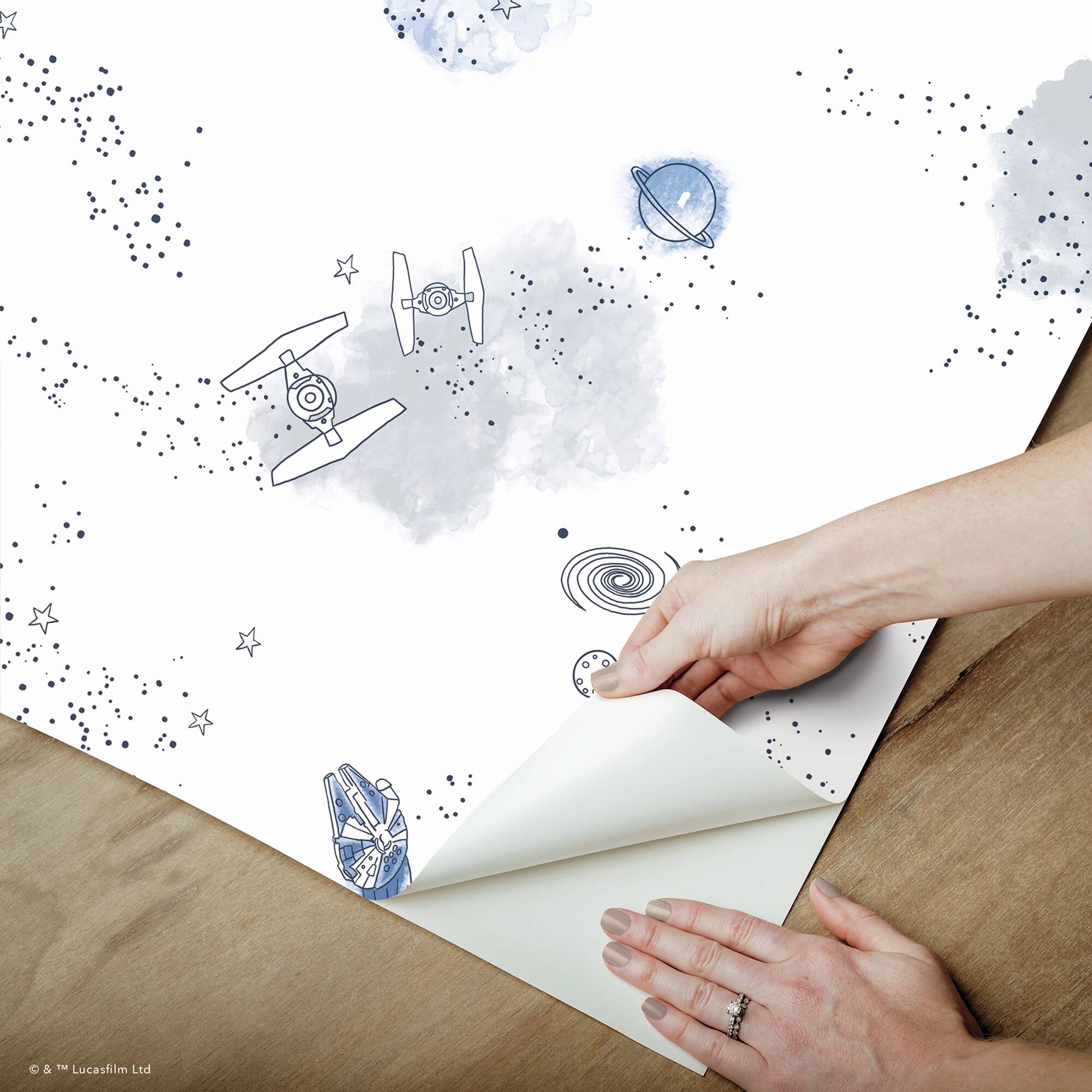 RoomMates STAR WARS Good Night Galaxy Blue and white STAR WARS™ Peel and Stick Wallpaper 20.5" x 18-ft roll covers about 30.8 sq. ft